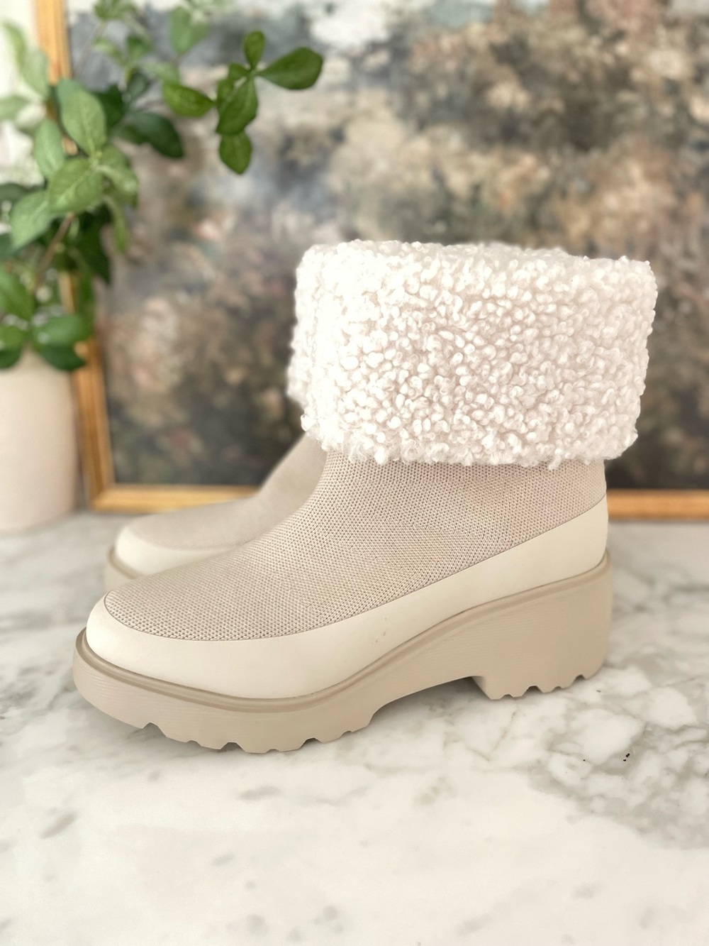 Vivaia Elaine Faux Fur‎ Platform Chunky Wedge Boots Wool Water Repellent 38